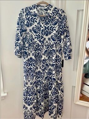 Zara Navy and White Printed Midi Dress